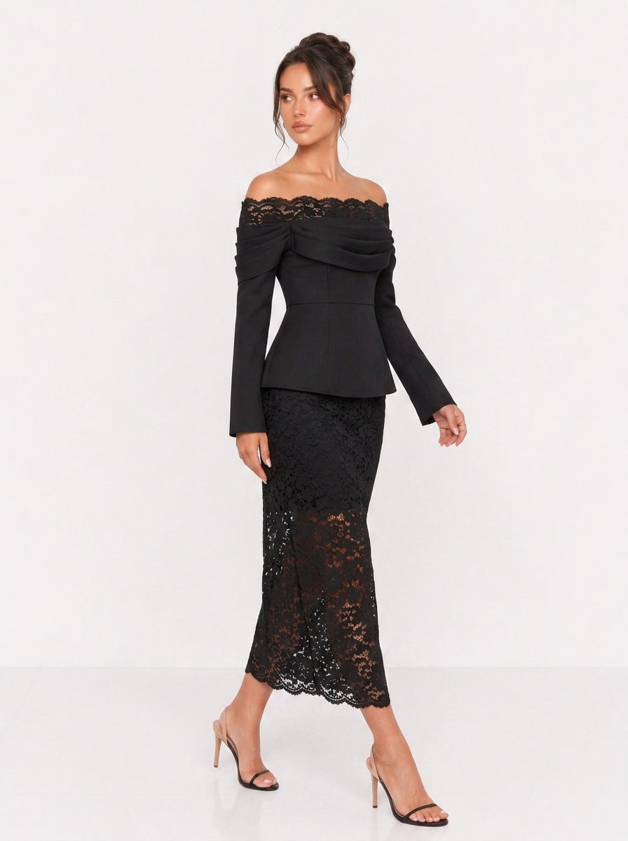 Zephrina Estelle off-shoulder lace midi dress in black