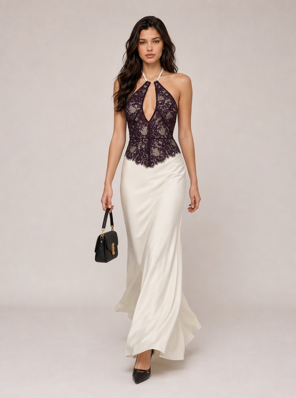 Zephrina Nicolette lace halter satin skirt maxi dress in black