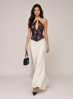 Zephrina Nicolette lace halter satin skirt maxi dress in black