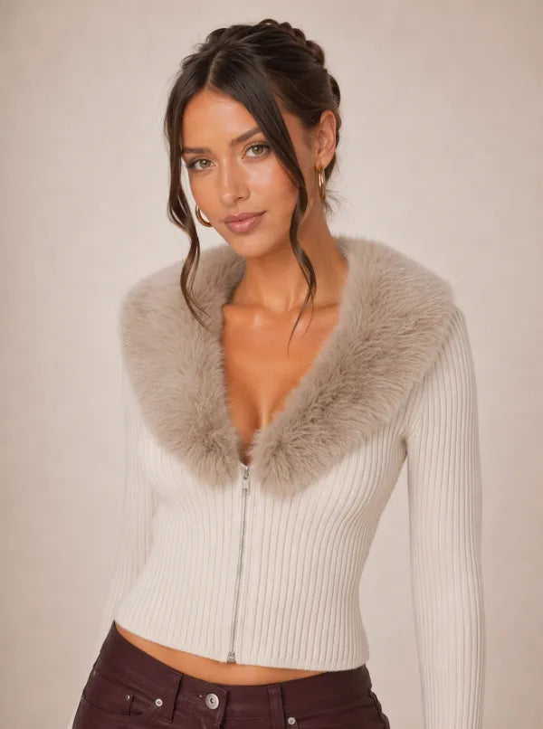 Zephrina Annalise faux-fur collar cardigan in apricot