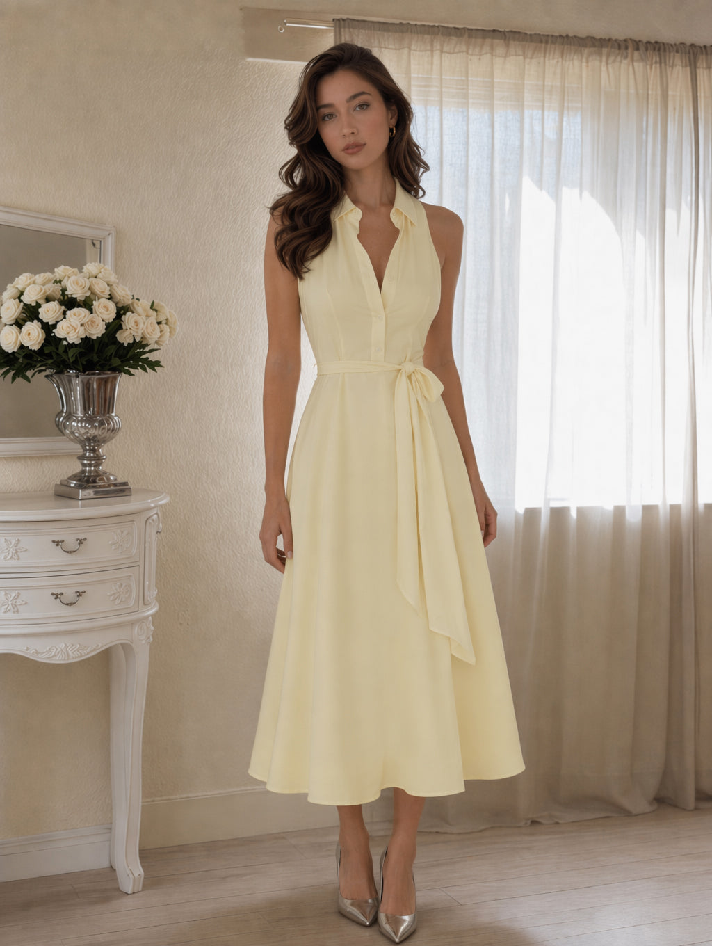 Yellow Collared Halter Tie Waist A Line Midi Shirt Dress