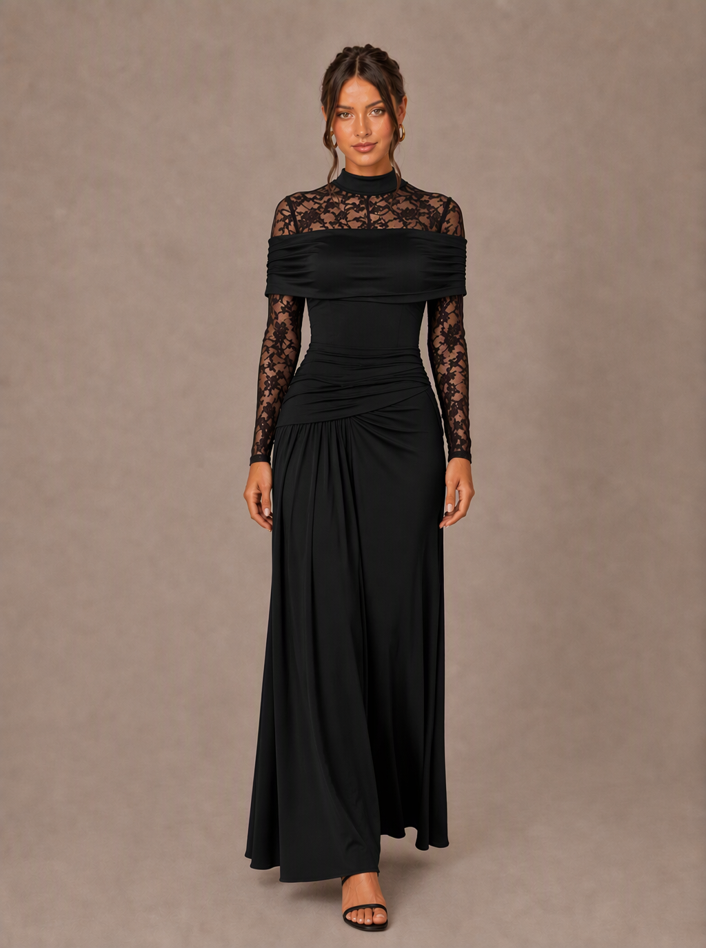 Zephrina Sophronia lace-yoke draped maxi dress in brown