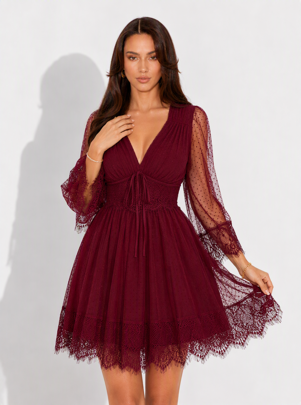 Zephrina Lucienne lace mesh mini dress in white