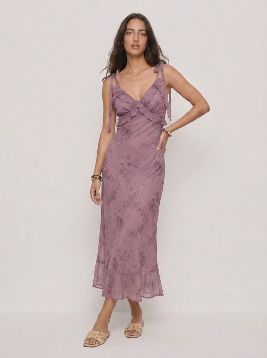 Zephrina Elowen ruffle floral midi dress in purple