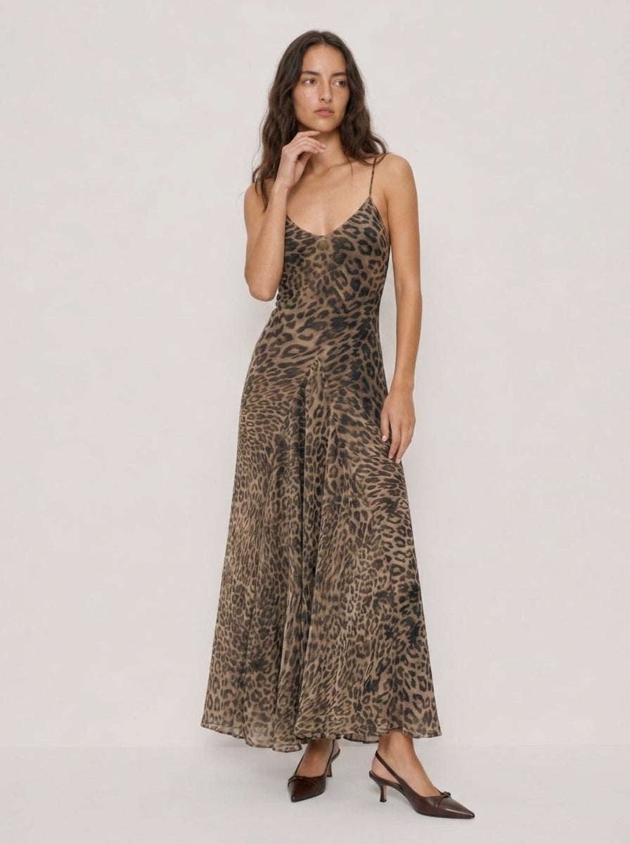 Zephrina Nerea leopard mesh midi dress in brown