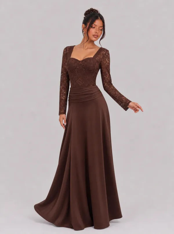 Zephrina Wilhelmina lace sweetheart maxi dress in brown
