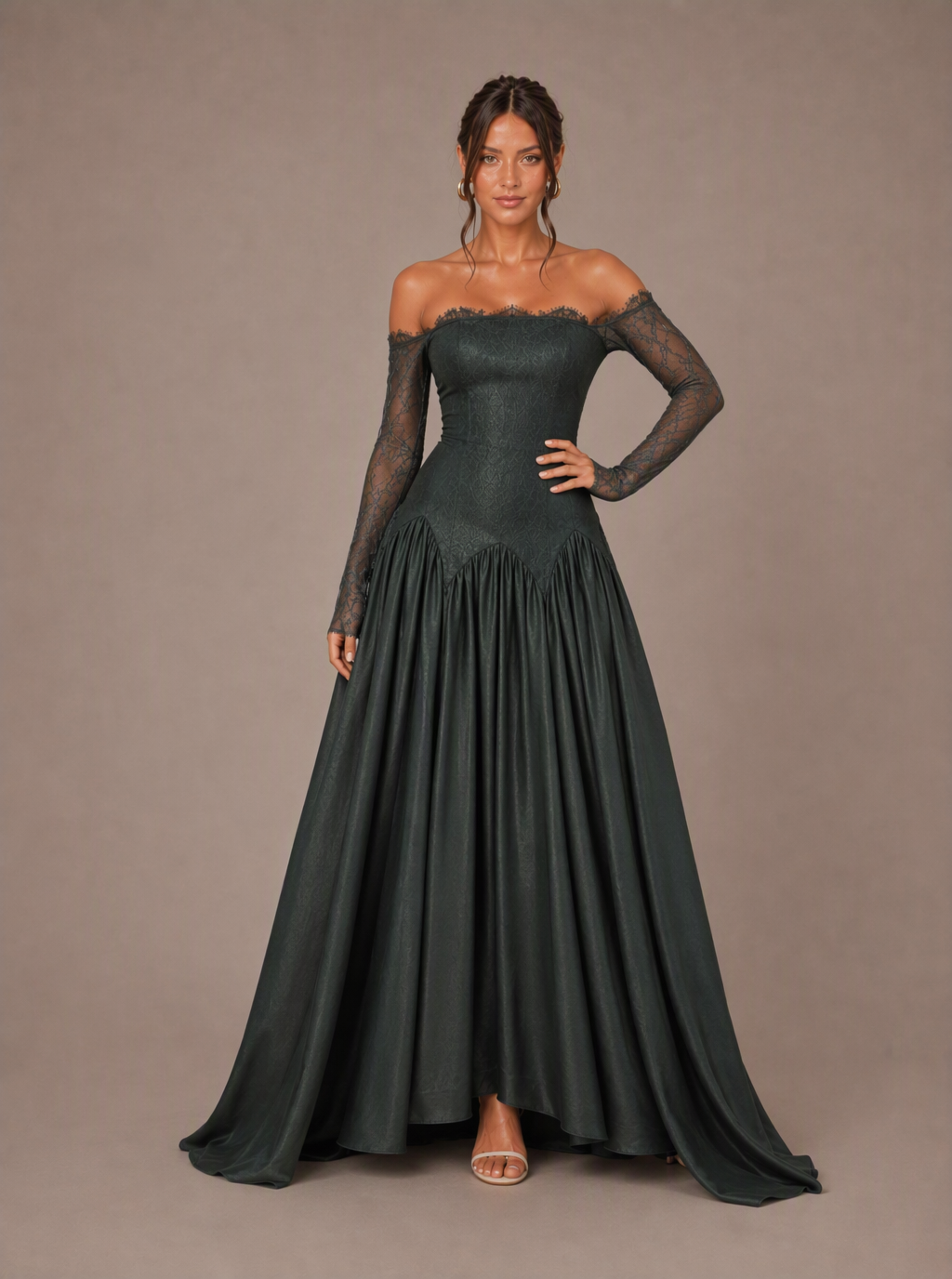 Zephrina Lavinie off-shoulder lace-sleeve velvet maxi dress in dark green