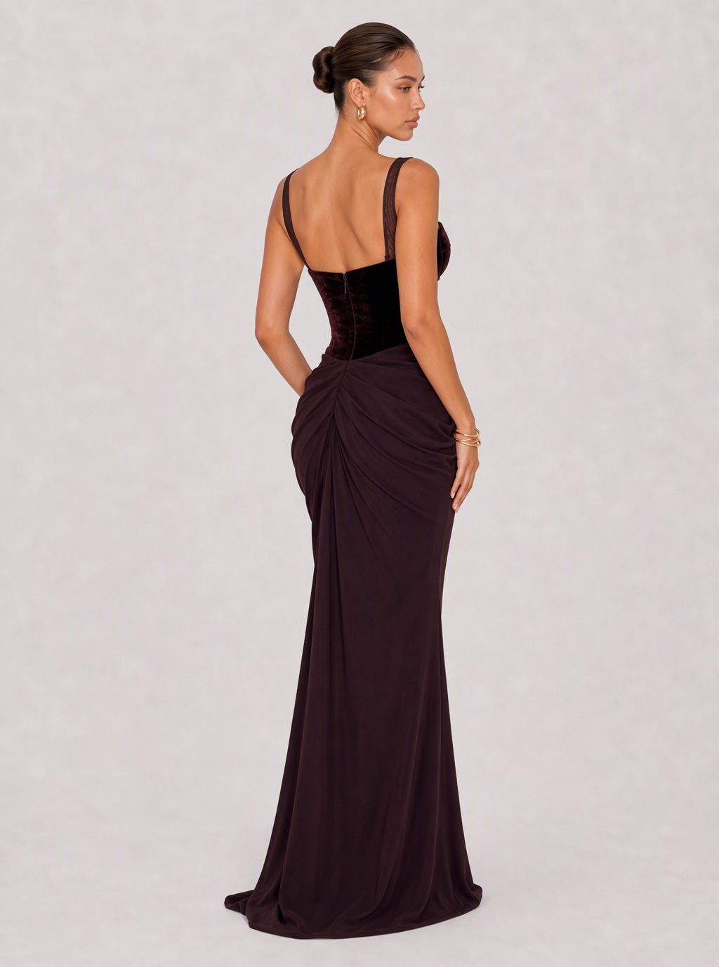 Zephrina Ameline draped velvet maxi dress in deep plum