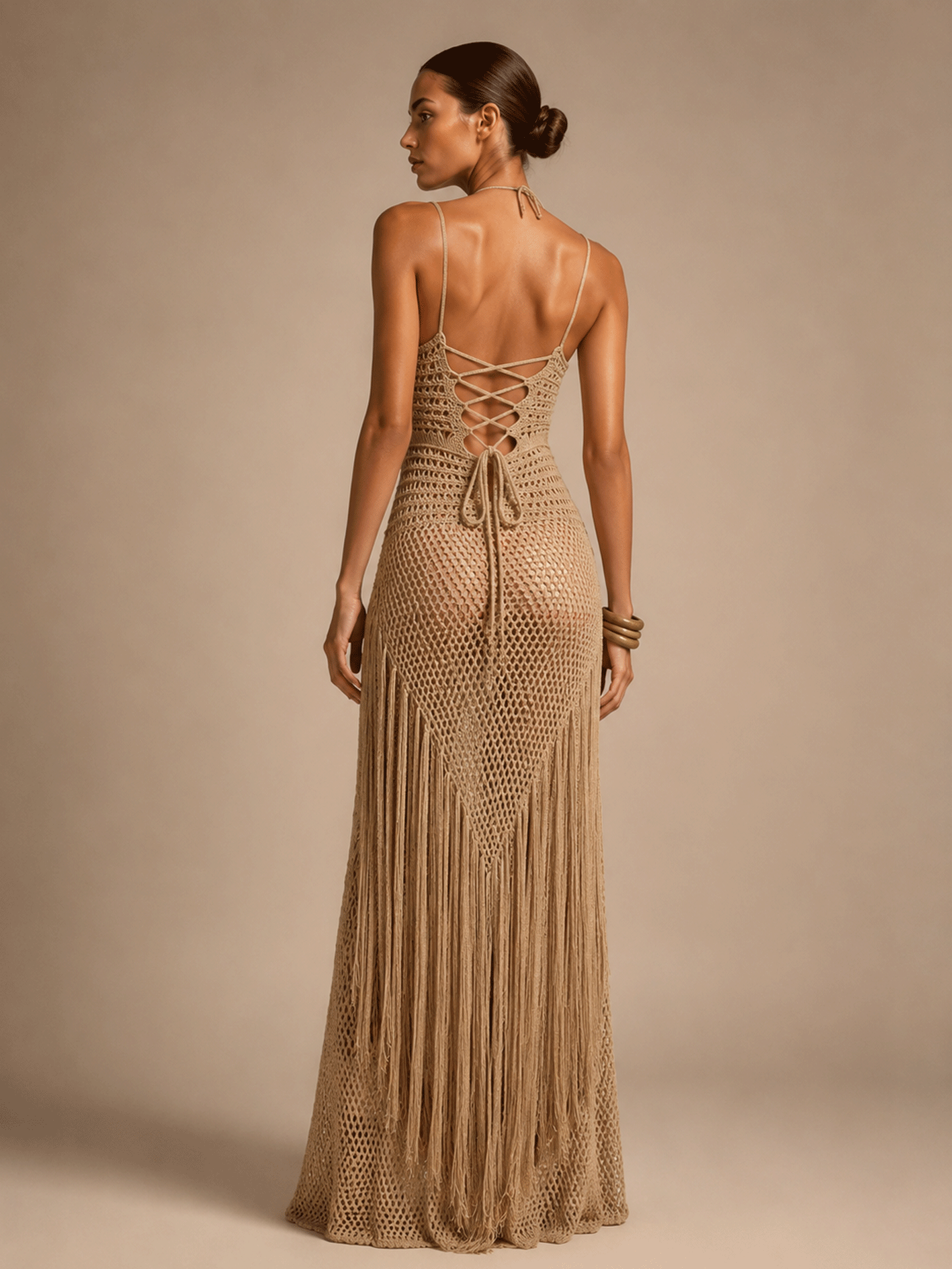 Backless Openwork Crocheted Tassel Mermaid Maxi Dress