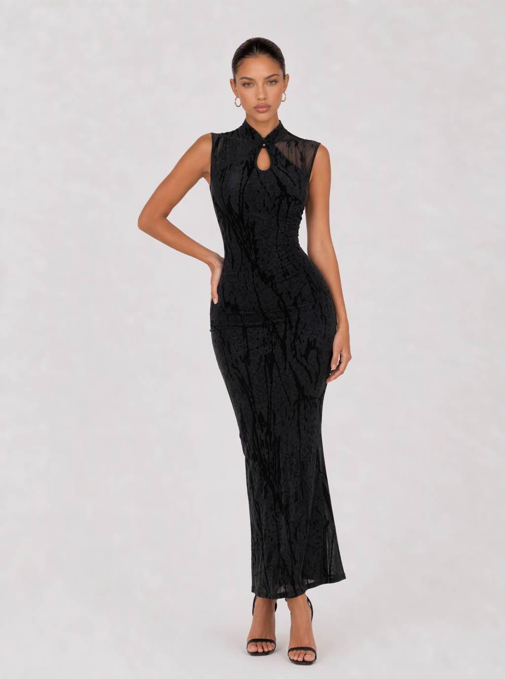 Zephrina Ottoline keyhole textured maxi dress in black