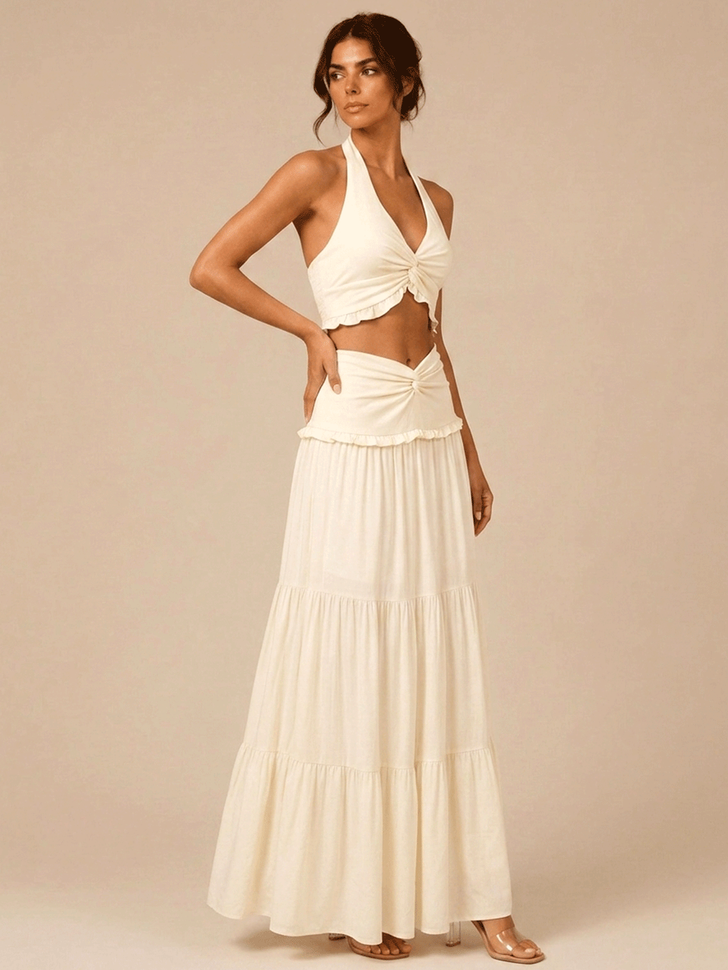 Halter Twist Crop Top & Tiered Maxi Skirt Two Piece Set