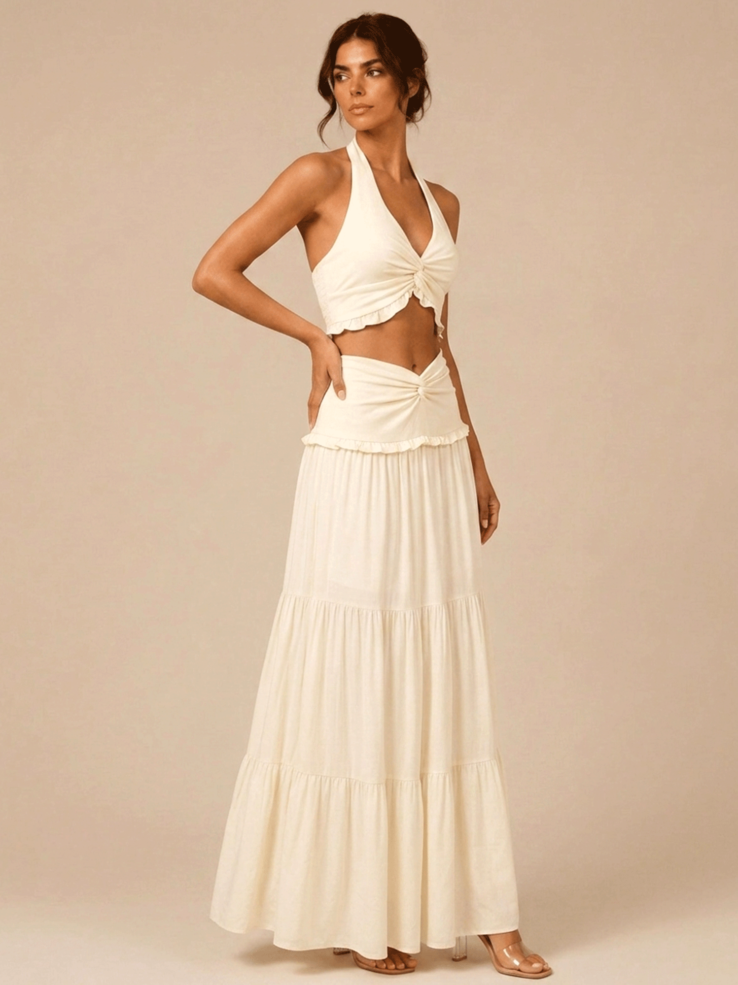 Halter Twist Crop Top & Tiered Maxi Skirt Two Piece Set