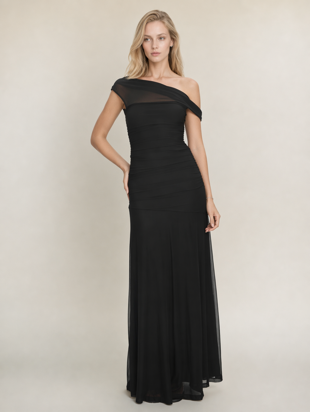 Black Asymmetric Neckline Mesh Maxi Dress