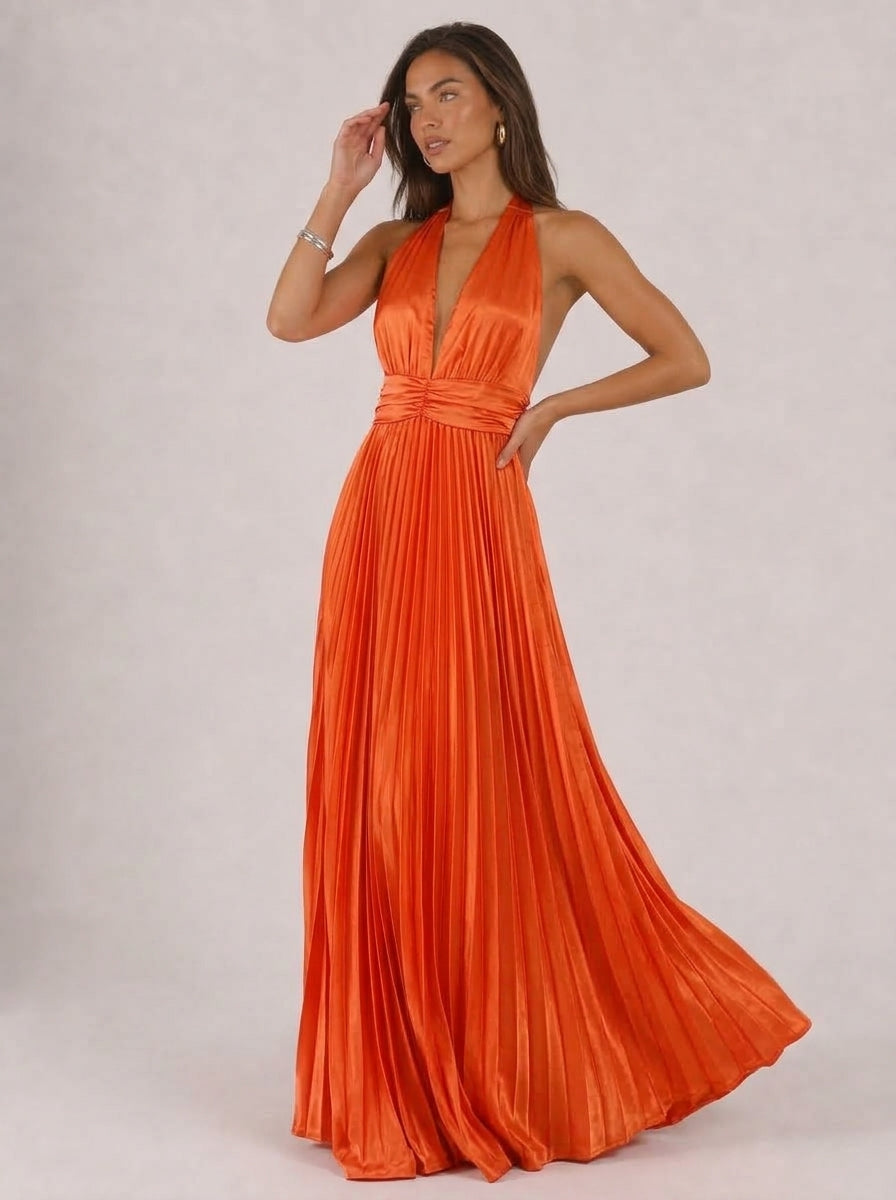 Zephrina Avenelle pleated satin maxi dress