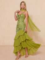 Zephrina Aurette sequin ruffle maxi dress in green