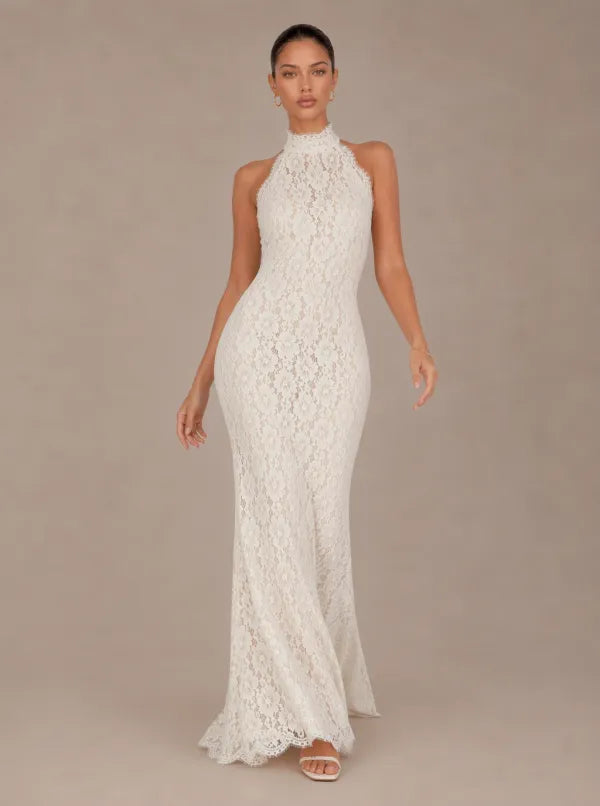 Zephrina Avelina halter floral lace maxi dress in white with a fitted mermaid silhouette