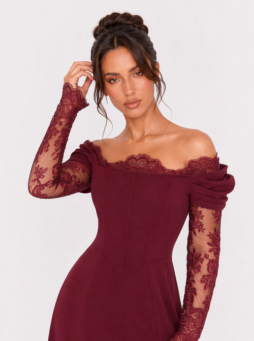 Zephrina Gisella lace sleeve slit maxi dress in burgundy