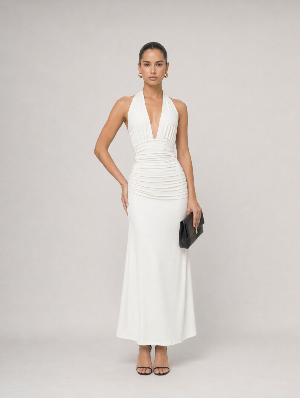 Open-Back Ruched Halter Maxi Dress