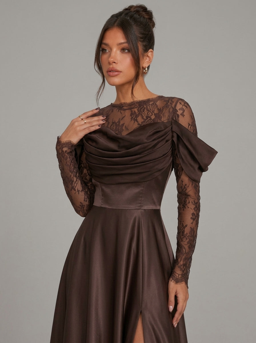 Zephrina Orelia lace satin maxi dress in brown