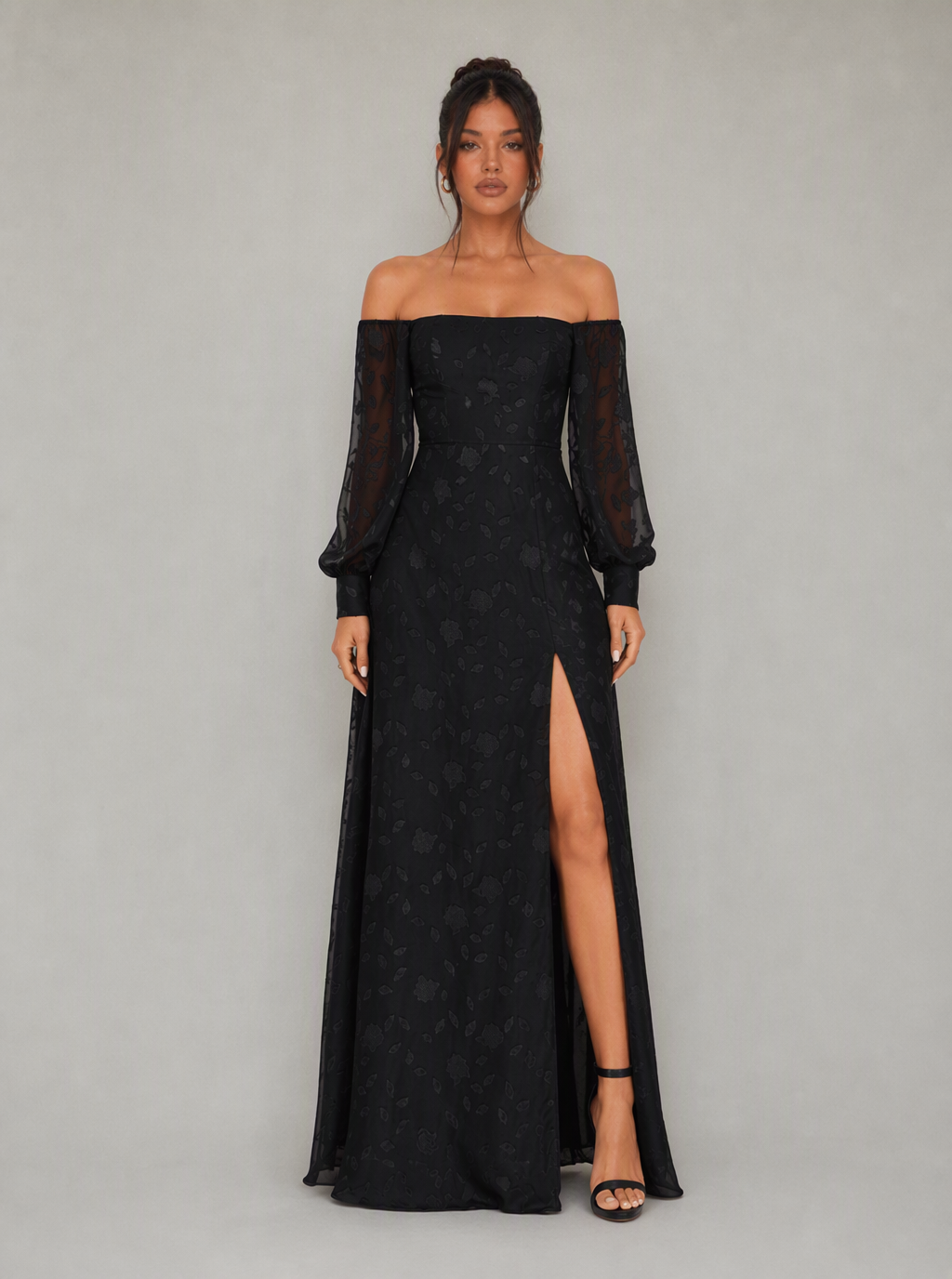 Zephrina Aureliane off-shoulder mesh slit maxi dress in black
