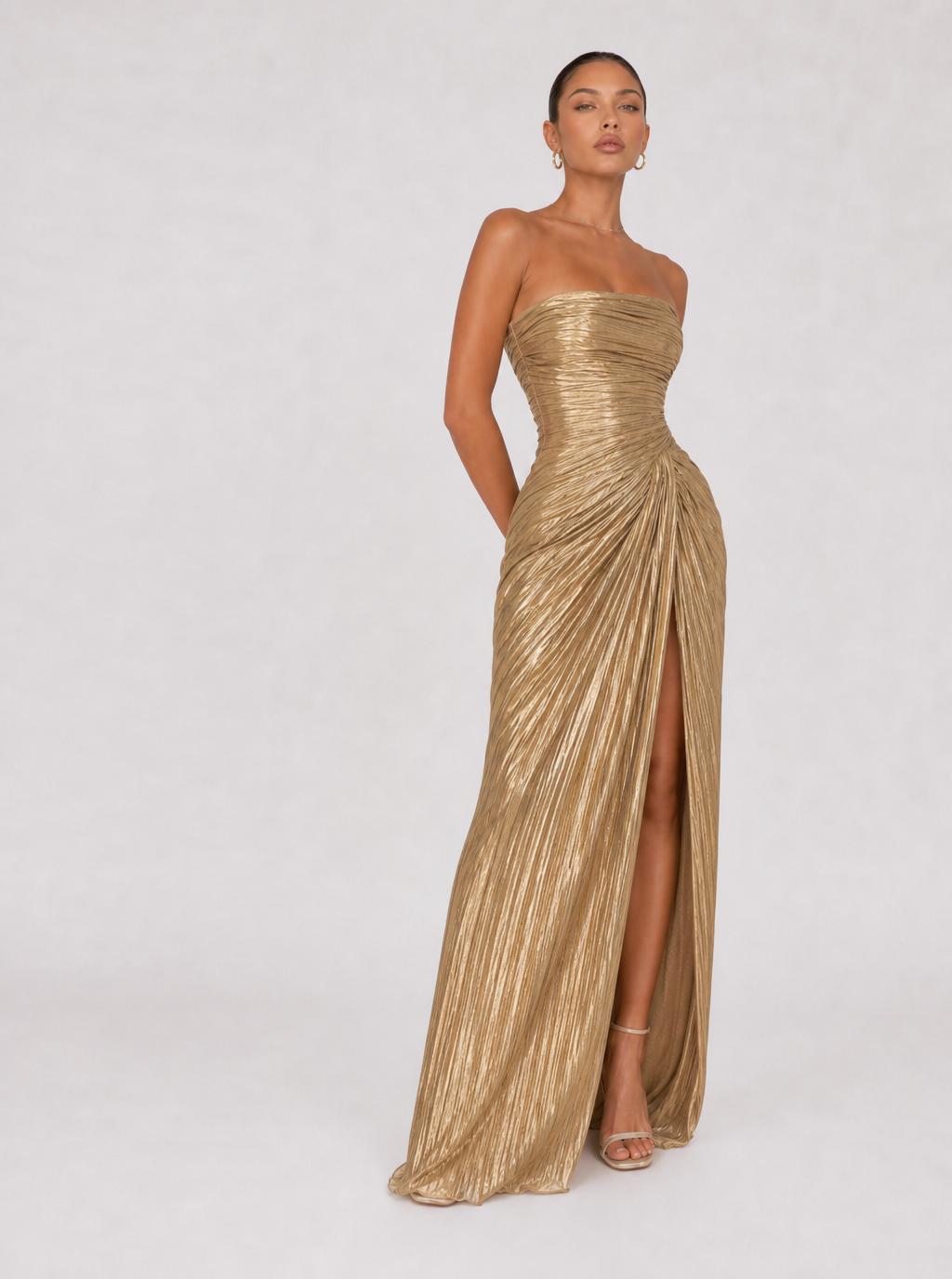 Zephrina Ulyssa pleated satin maxi dress in gold