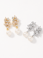 Zephrina crystal leaf pearl drop earrings in gold and silver