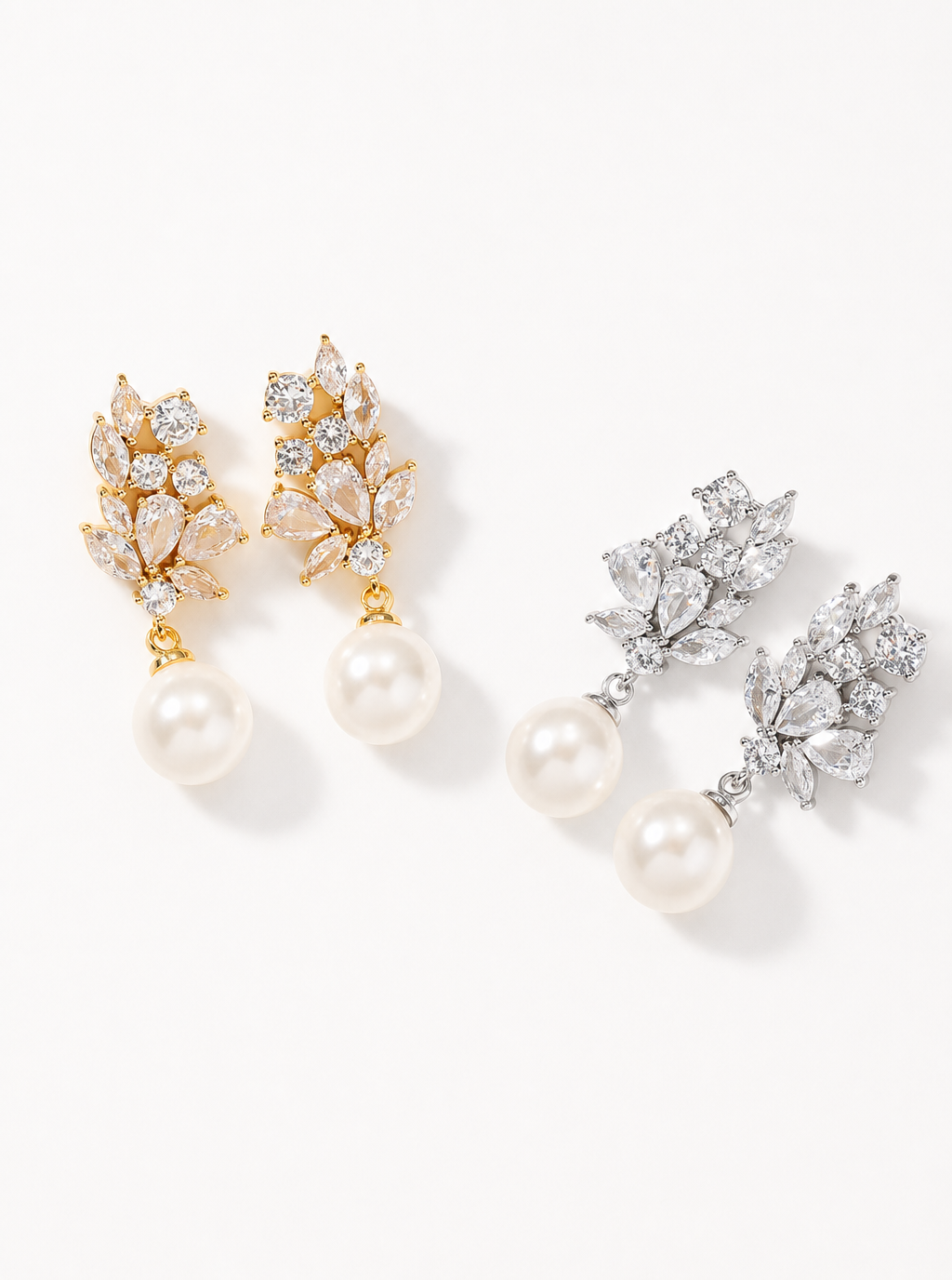 Zephrina crystal leaf pearl drop earrings in gold and silver