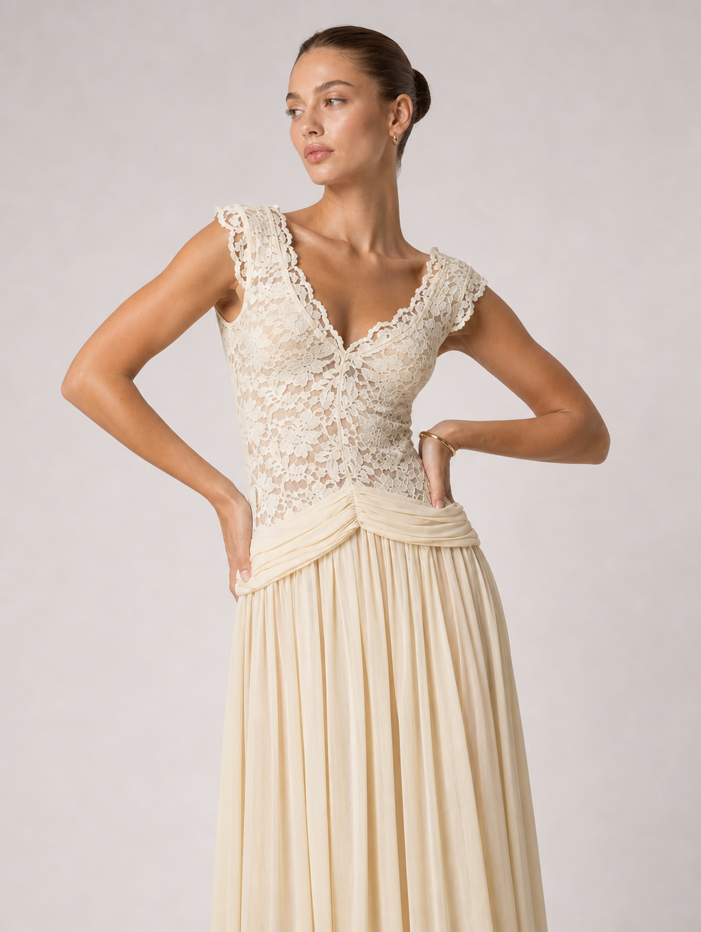Apricot Floral Lace V-neck Maxi Dress