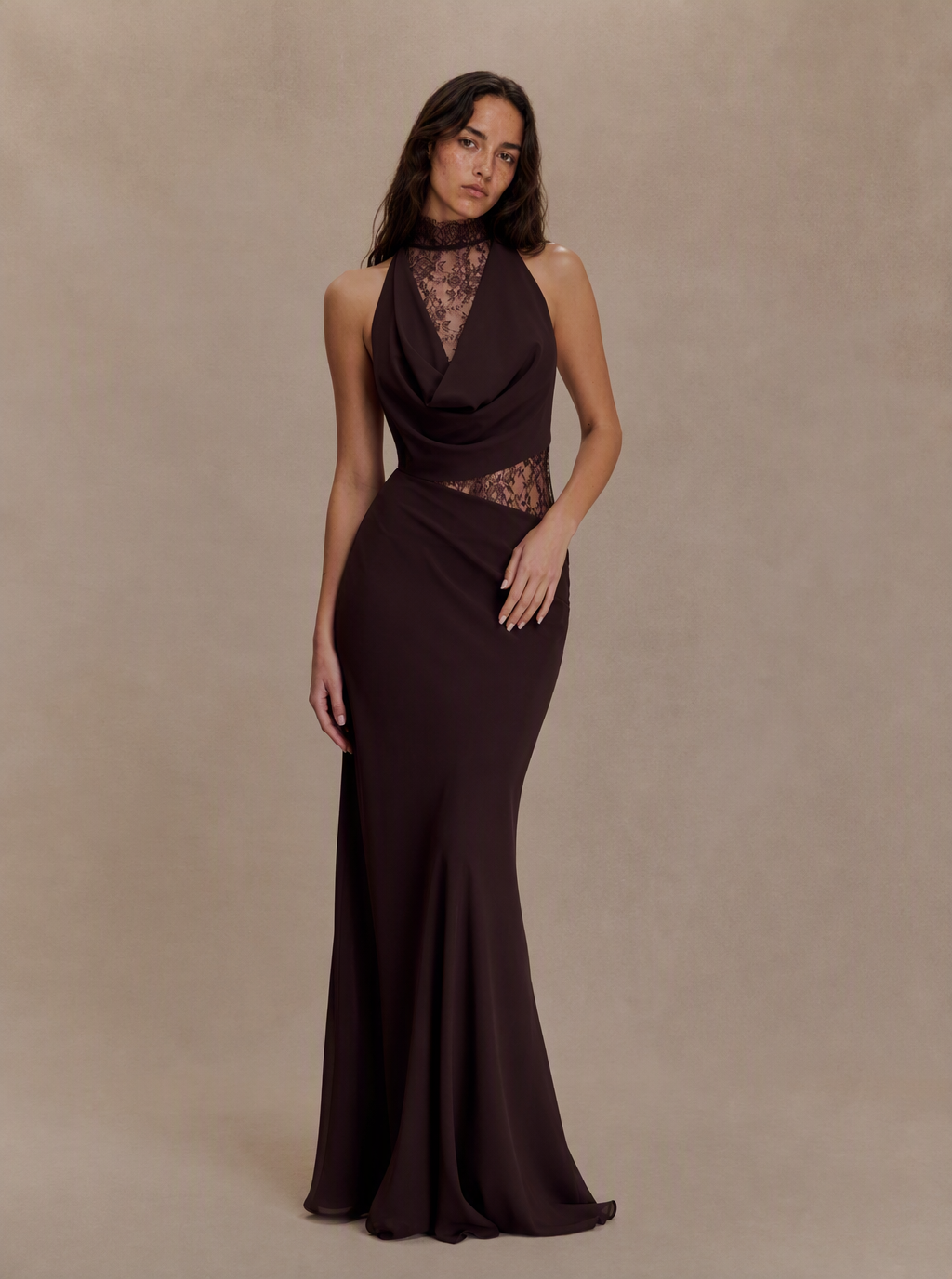 Zephrina Ysella lace panel knit maxi dress in coffee