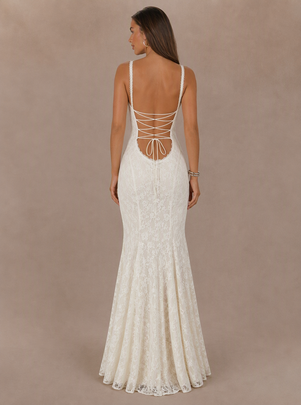 Zephrina Delphine lace-up back lace maxi dress in white