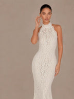 Zephrina Avelina halter floral lace maxi dress in white with a fitted mermaid silhouette