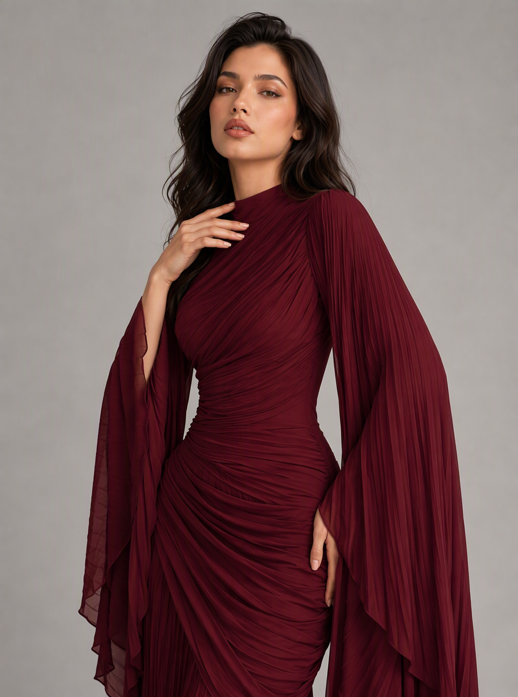Zephrina Adelais pleated cape-sleeve maxi dress in burgundy