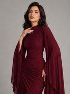 Zephrina Adelais pleated cape-sleeve maxi dress in burgundy