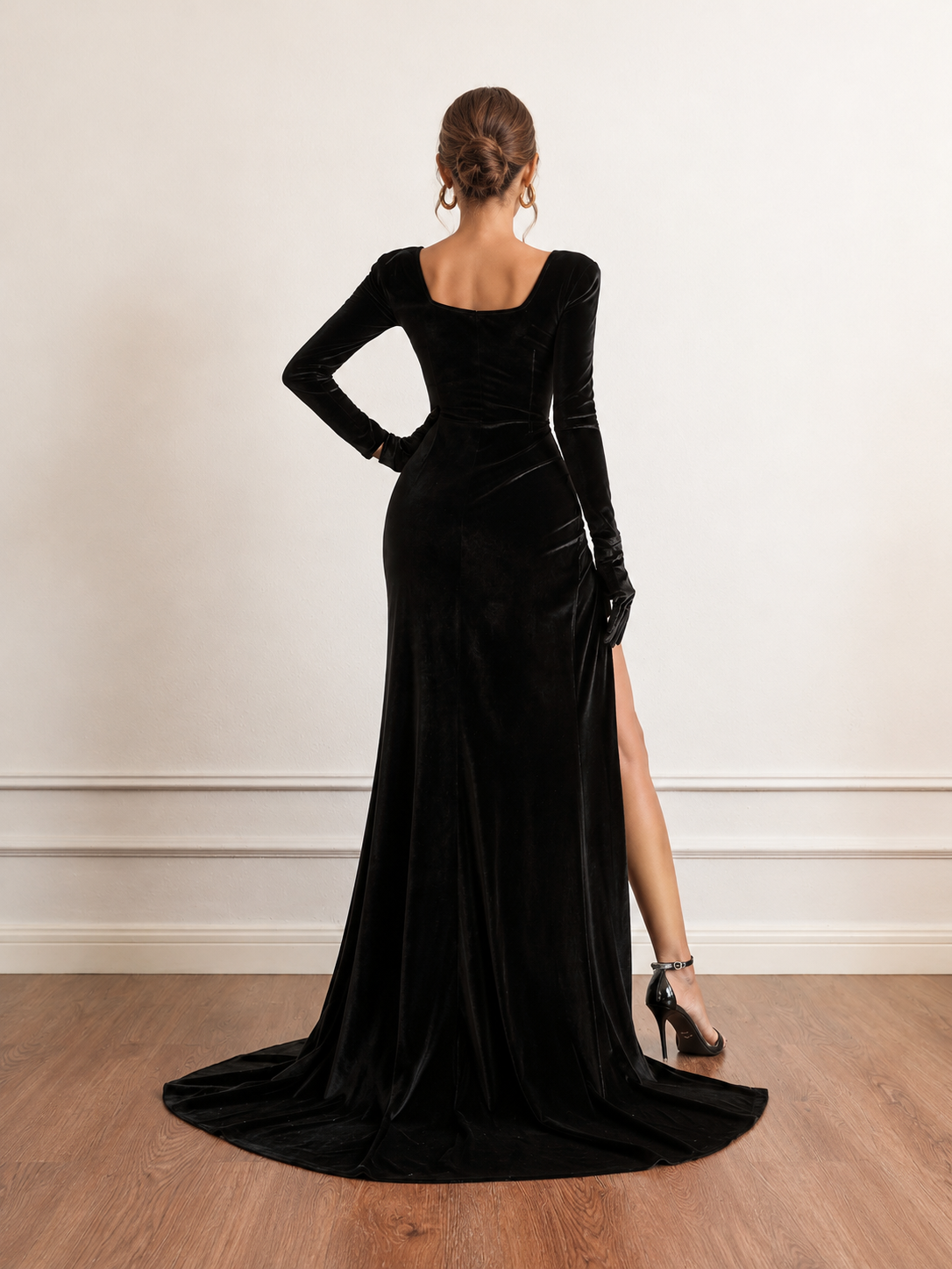 Zephrina Arietta velvet ruched slit maxi dress
