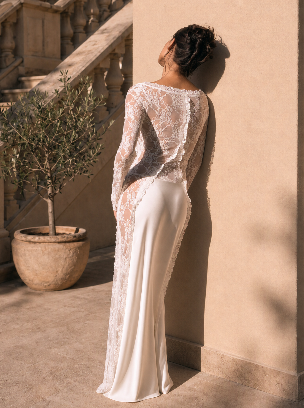 Zephrina lace-panel satin-look maxi dress in white