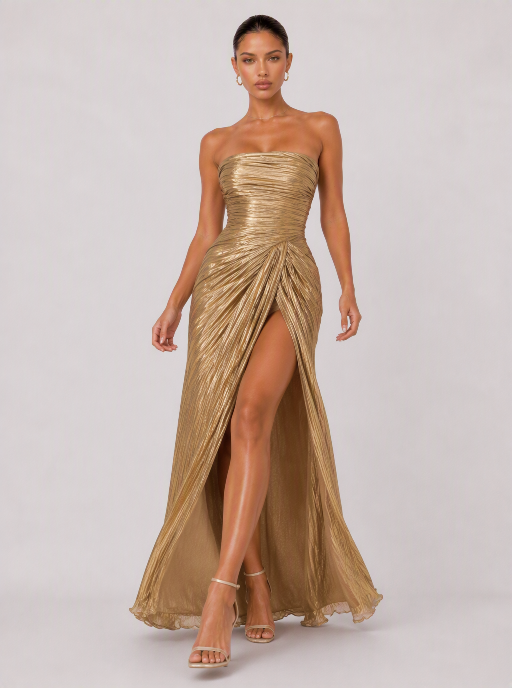 Zephrina Ulyssa pleated satin maxi dress in gold