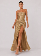 Zephrina Ulyssa pleated satin maxi dress in gold