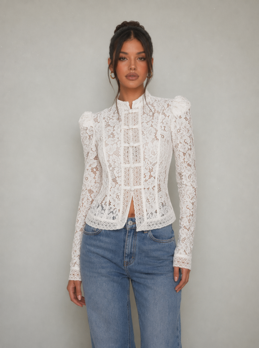 Zephrina Evangeline lace button front top in white