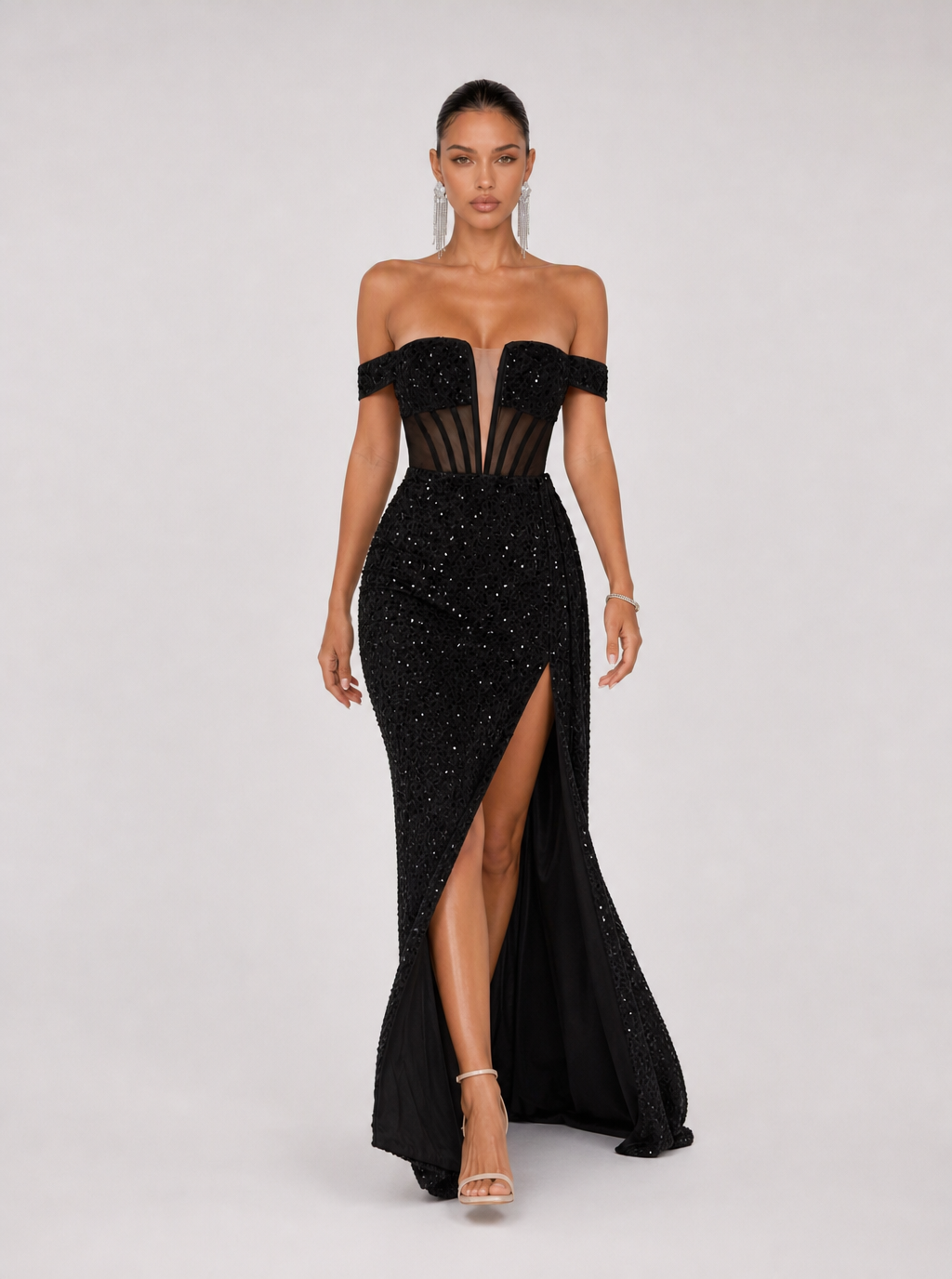Zephrina Fiorella off-shoulder sequin maxi dress in black