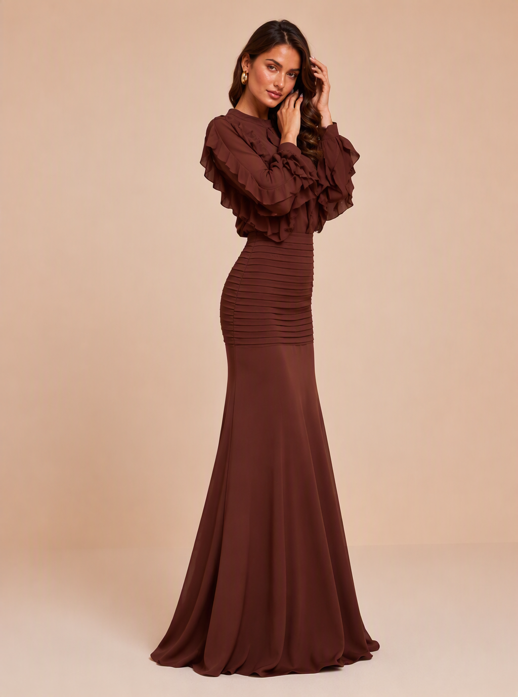 Zephrina Elspeth ruffle chiffon maxi dress in brown