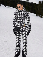 Zephrina Bryony graphic print one-piece ski suit in black and white houndstooth