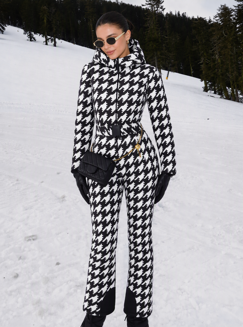 Zephrina Bryony graphic print one-piece ski suit in black and white houndstooth