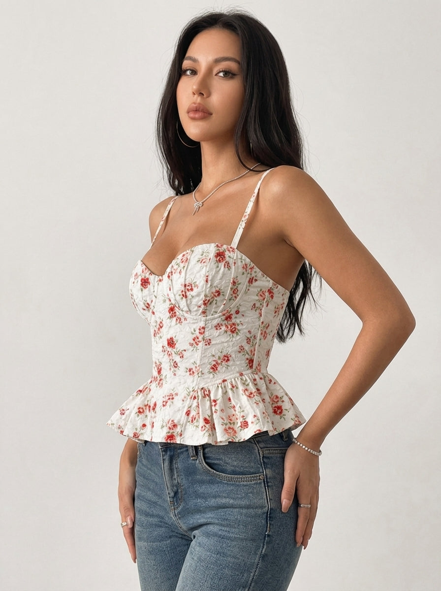 Zephrina floral peplum underwear in white with red floral print