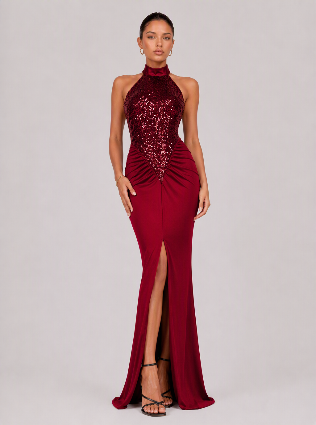 Zephrina Rosalinde sequin-halter slit maxi dress in black