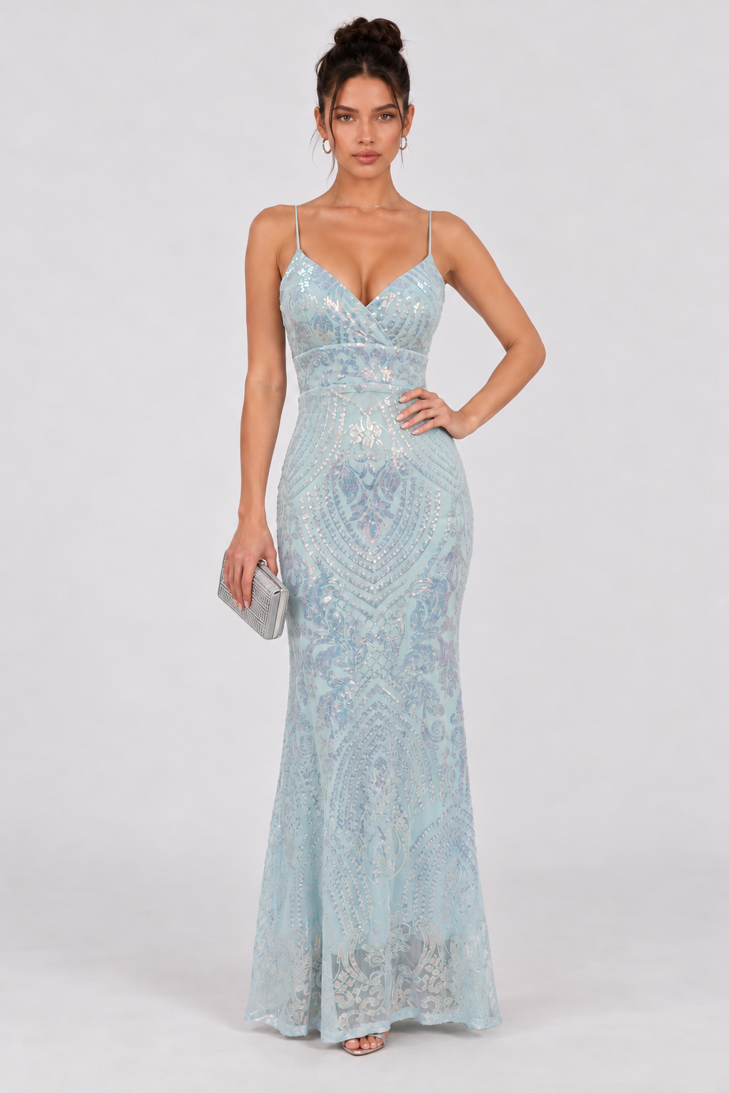Zephrina Celandina patterned sequin maxi dress in sky blue