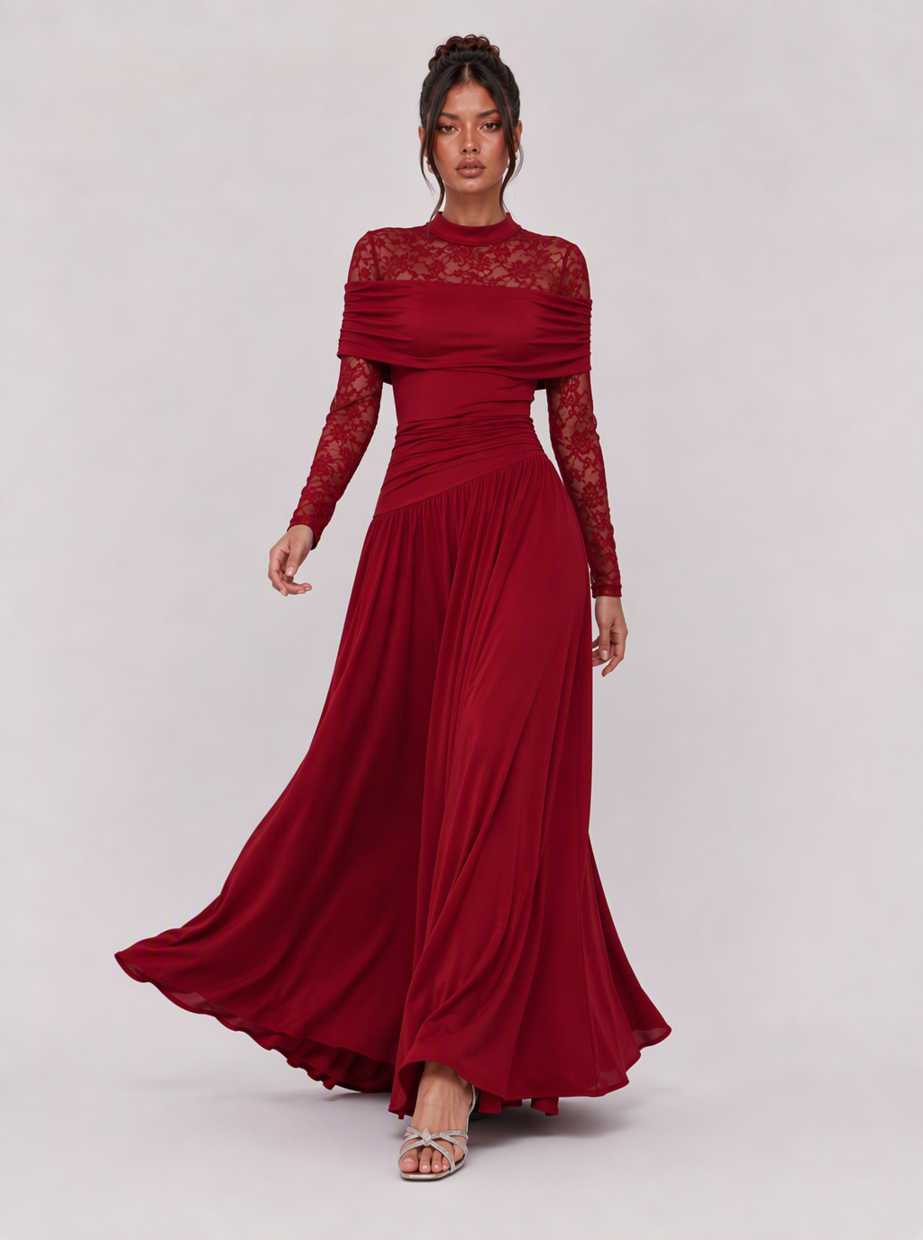 Zephrina Eulalia lace-sleeve draped maxi dress in red