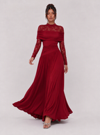 Zephrina Eulalia lace-sleeve draped maxi dress in red