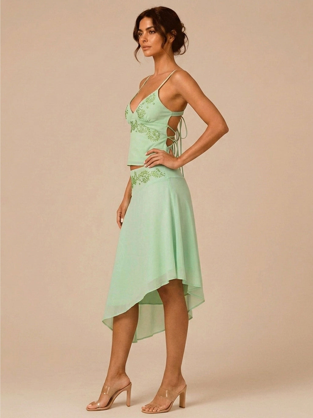 Zephrina Green Floral Embroidery Cami & Asymmetrical Skirt Two Piece Set