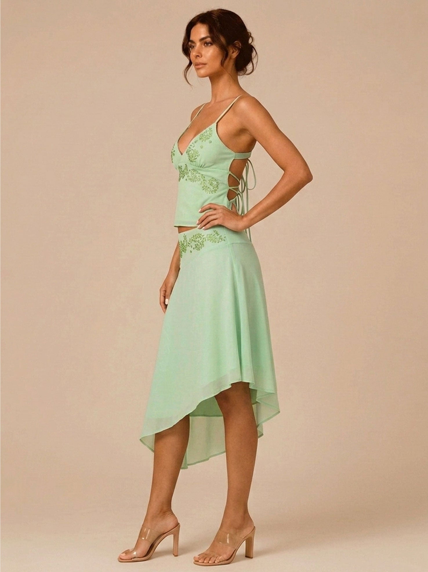 Zephrina Green Floral Embroidery Cami & Asymmetrical Skirt Two Piece Set