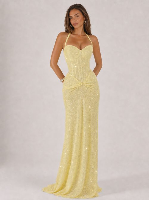 Zephrina Serelle sequin lace halter maxi dress in yellow